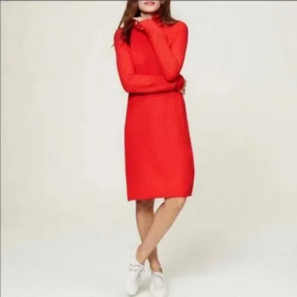 LOFT Sweater Dress Red Rib Knit Mod Retro 60s Bright Primary Midi Turtleneck